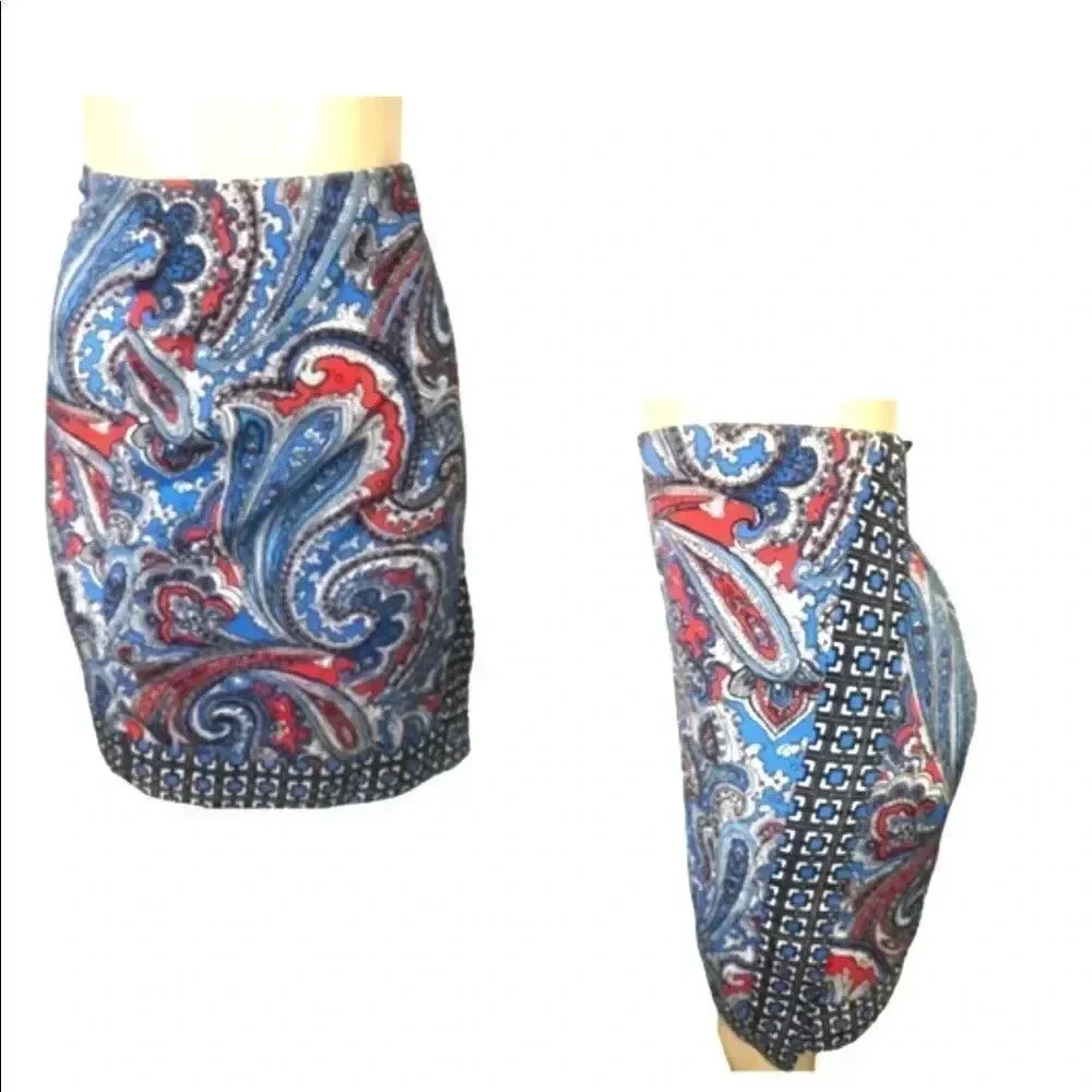 Newyork & Co Skirt Festival Blue and Red‎ Paisley Print Faux Wrap Mini Skirt